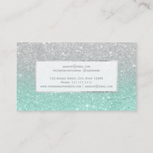 Modern faux zilveren glitter aqua ombre makeup visitekaartje (Achterkant)