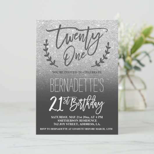 Modern faux zilveren glitter script 21st Birthday Kaart (Staand voorkant)