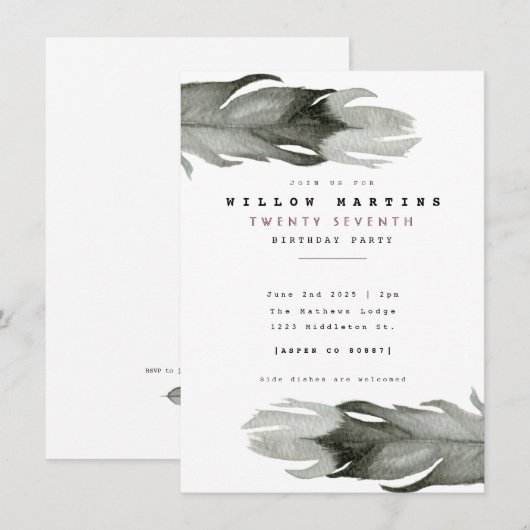 Modern Feather Waterverf Birthday Invite Kaart (Voorkant / Achterkant)