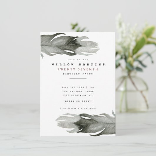 Modern Feather Waterverf Birthday Invite Kaart (Staand voorkant)