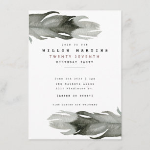 Modern Feather Waterverf Birthday Invite Kaart