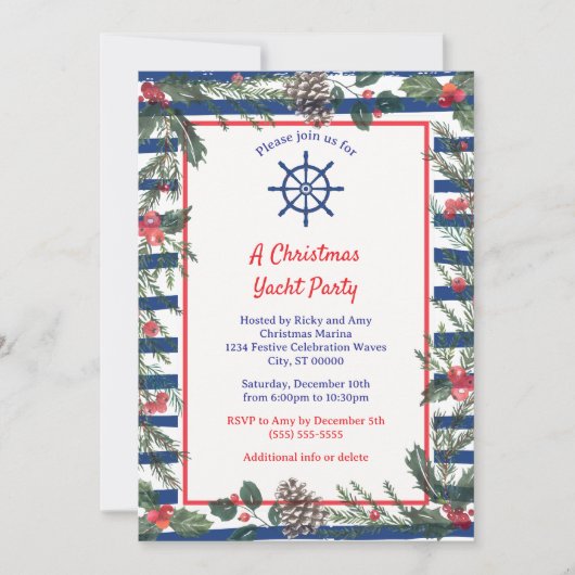 Modern feestelijk blauw gestreept kerstjacht feest kaart (Voorkant)