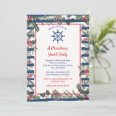 Modern feestelijk blauw gestreept kerstjacht feest kaart (Staand voorkant)