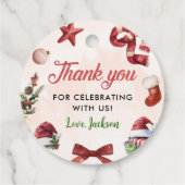 Modern feestelijk kerstfeest 1e verjaardag bedankjes labels (Achterkant)