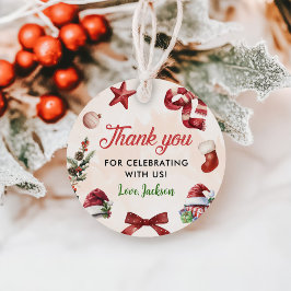 Modern feestelijk kerstfeest 1e verjaardag bedankjes labels