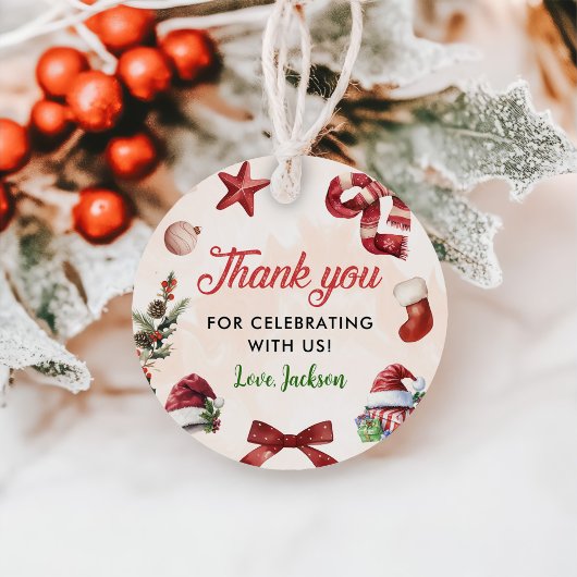 Modern feestelijk kerstfeest 1e verjaardag bedankjes labels