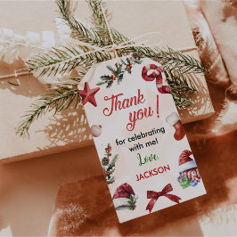 Modern feestelijk kerstfeest 1e verjaardag cadeaulabel