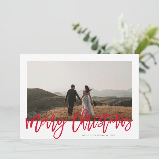 Modern feestelijk rood script Vrolijk kerstfeest 1 Feestdagenkaart (Staand voorkant)