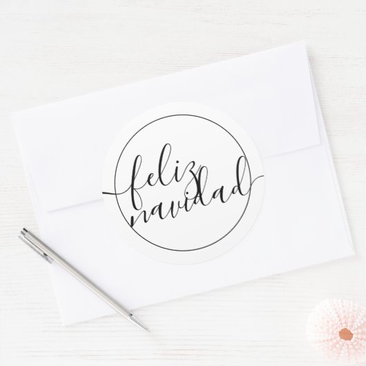Modern Feliz Navidad Black White Kerstmis Ronde Sticker (Envelop)