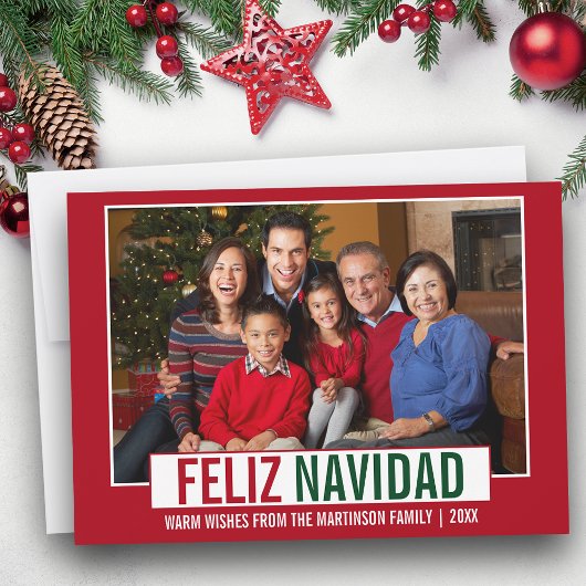 Modern Feliz Navidad familie foto rood Feestdagenkaart