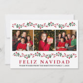 Modern Feliz Navidad Greenery Berries 3 Photo Feestdagenkaart (Voorkant)