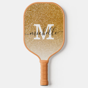 Modern Feminine Girly Gold Glitter Monogram Naam Pickleball Paddle