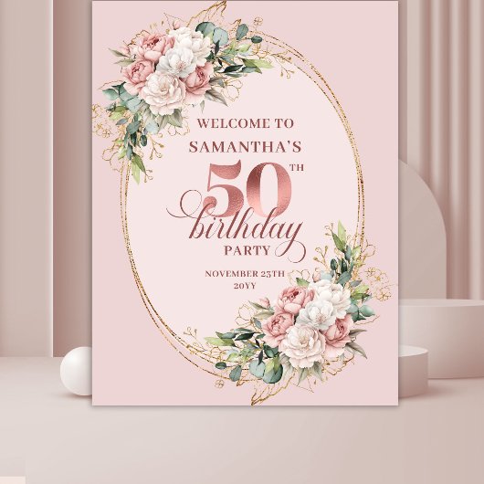 Modern Feminine Rose Gold 50th Birthday Banner Wandkleed
