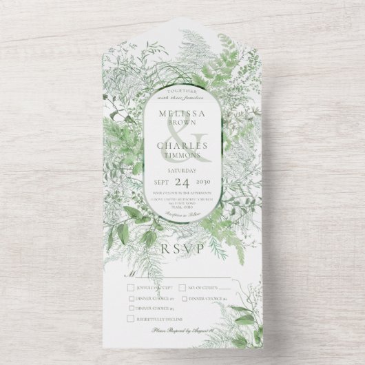 Modern Fern Green Foliage White Dinner All In One Uitnodiging (Binnen)