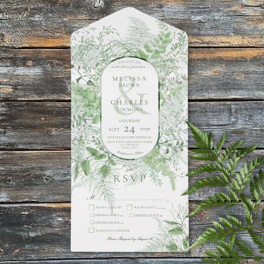 Modern Fern Green Foliage White Dinner All In One Uitnodiging