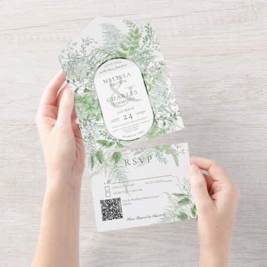 Modern Fern Green Foliage White QR Code All In One Uitnodiging (Afscheurbaar)