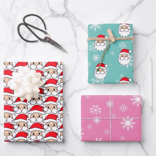 Modern Festive Funny Santa Face Pattern Inpakpapier Vel (Voorkant)