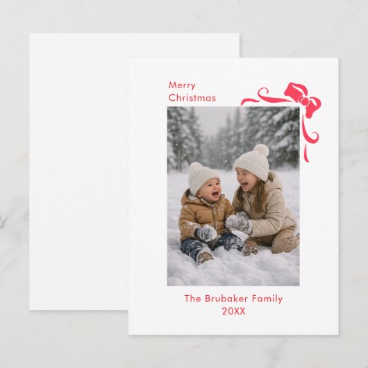 Modern Festive Red Bow Merry Christmas Photo Feestdagenkaart (Voorkant / Achterkant)