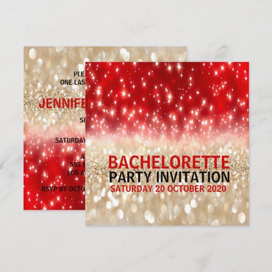 Modern Festive Red & Gold Sparkles Bachelorette Kaart (Voorkant / Achterkant)