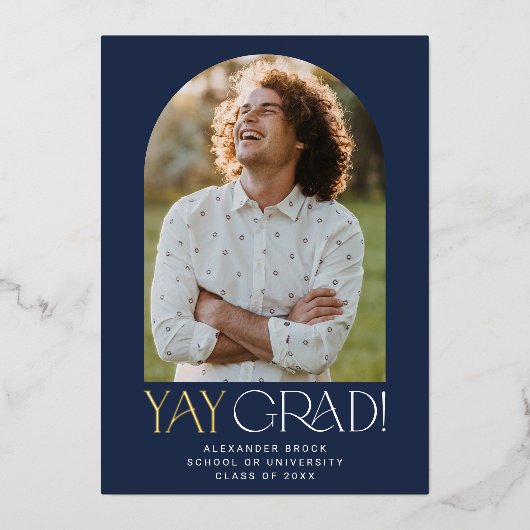 Modern Fete Folie Navy Yay Afstudeerder Foto Afstu Folie Uitnodiging (Voorkant)