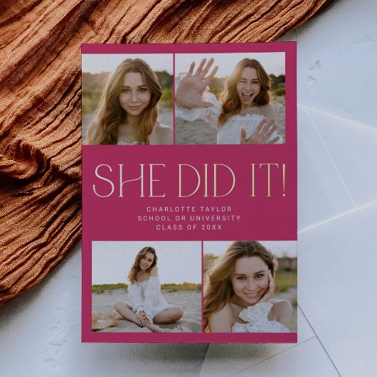 Modern Fete Folie Roze Ze Deed Het Foto Afstuderen Folie Uitnodiging