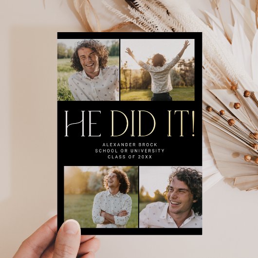 Modern Fete Folie zwart Hij deed het foto Afstuder Folie Uitnodiging