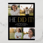 Modern Fete Folie zwart Hij deed het foto Afstuder Folie Uitnodiging (Voorkant)