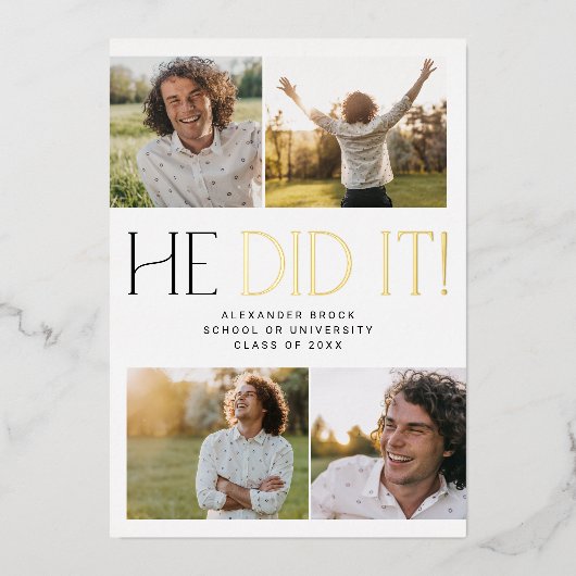 Modern Fete Gold Foil Hij deed het Foto Afstuderen Folie Uitnodiging (Voorkant)