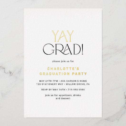 Modern Fete Gold Foil Yay Afstudeerder Graduation  Folie Uitnodiging (Voorkant)