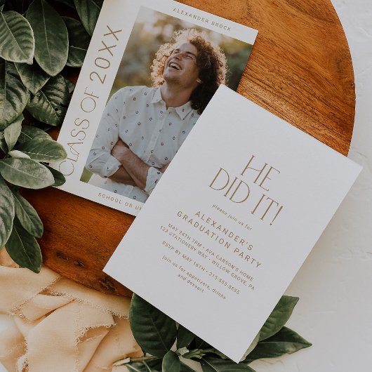 Modern Fete Gold Hij deed het foto afstudeerfeest Kaart