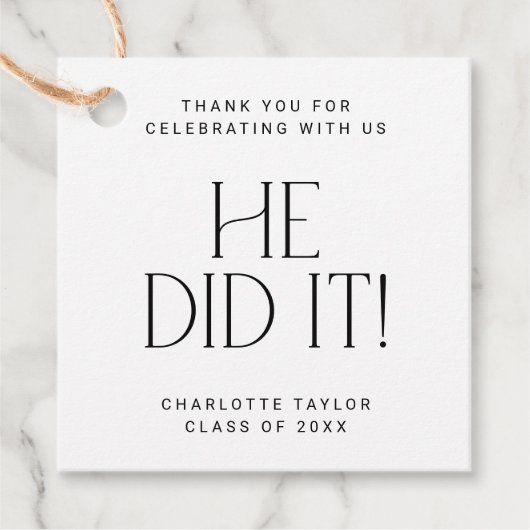 Modern Fete Hij deed het Dank je Afstuderen Bedankjes Labels (Voorkant)