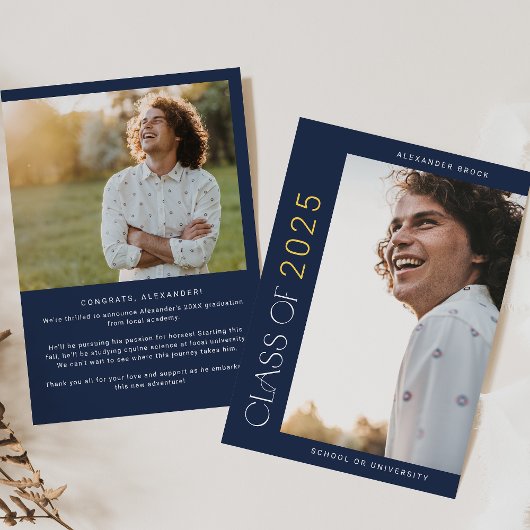 Modern Fete Navy Gold 2025 Foto Afstuderen Aankondiging