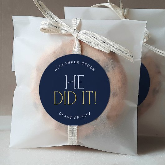 Modern Fete Navy Gold Hij deed het Afstuderen Stic Ronde Sticker