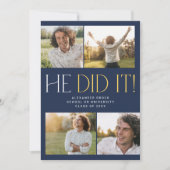 Modern Fete Navy Gold Hij deed het Foto Afstuderen Aankondiging (Voorkant)