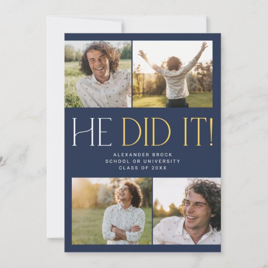 Modern Fete Navy Gold Hij deed het Foto Afstuderen Aankondiging (Voorkant)