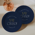 Modern Fete Navy Gold Yay Afstudeerder Afstuderen Papieren Bordje<br><div class="desc">Deze moderne fete navy gouden yay afstudeerder afstuderen borden zijn ideaal voor een eenvoudig afstudeerder feest. Het ontwerp heeft een elegante boho-typografie met een vleugje verfijnde stijl in stijlvol marineblauw en geel goud. Personaliseer uw papieren borden met de naam van het afstuderen en het lesjaar.</div>