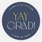 Modern Fete Navy Gold Yay Afstudeerder Afstuderen Ronde Sticker (Voorkant)