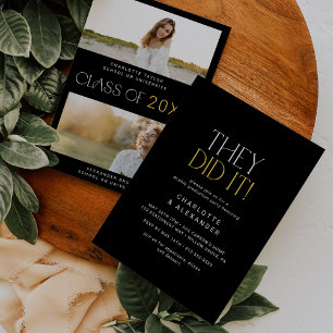 Modern Fete Zwart Goud Foto Dubbel Afstuderen Kaart