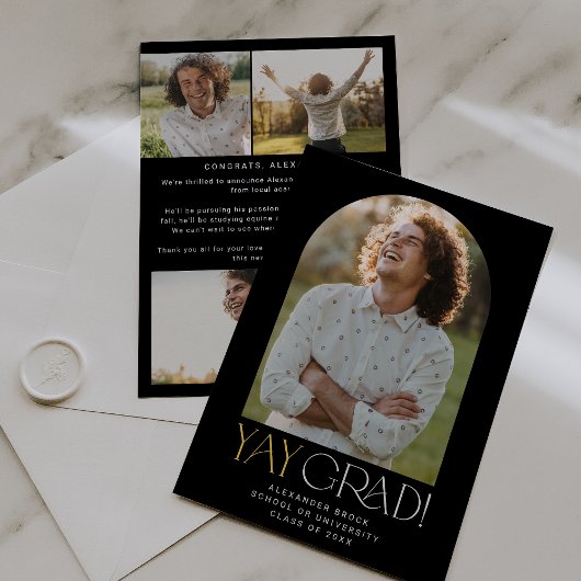 Modern Fete Zwart Goud Yay Afstudeerder Foto Afstu Aankondiging