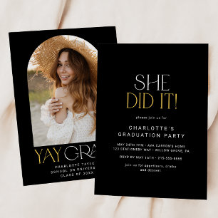 Modern Fete Zwart Goud Ze deed het Foto Afstuderen Kaart