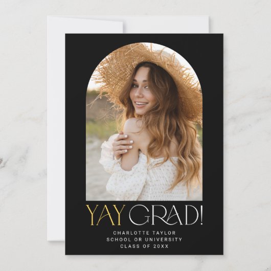 Modern Fete Zwart Goud Ze deed het Foto Afstuderen Kaart (Achterkant)