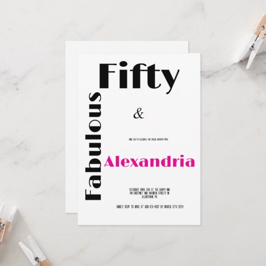 Modern Fifty and Fabulous black pink Birthday Kaart (Voorkant / Achterkant in situ)
