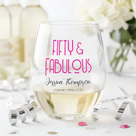 Modern Fifty and Fabulous Name 50th Birthday Party Wijnglas Zonder Voet