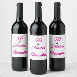 Modern Fifty & Fabulous Bold Pink Script Birthday  Wijn Etiket