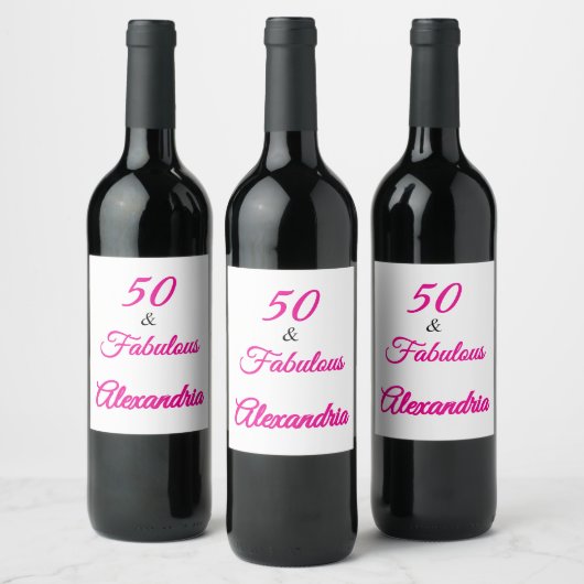 Modern Fifty & Fabulous Bold Pink Script Birthday  Wijn Etiket (Flessen)