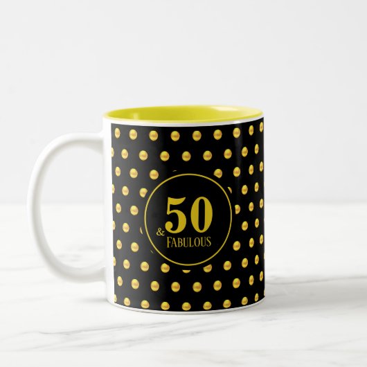 Modern Fifty & Fabulous met gouden Stippen op zwar Tweekleurige Koffiemok (Links)