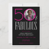 Modern Fifty Fabulous Pink White Photo Birthday Kaart (Voorkant)