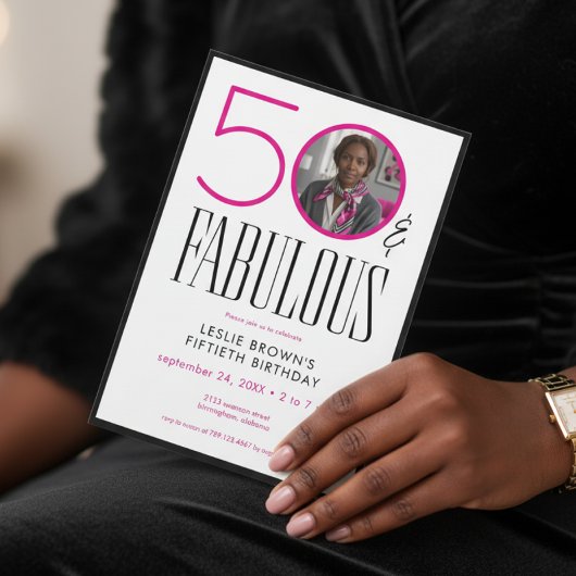 Modern Fifty Fabulous Pink White Photo Birthday Kaart