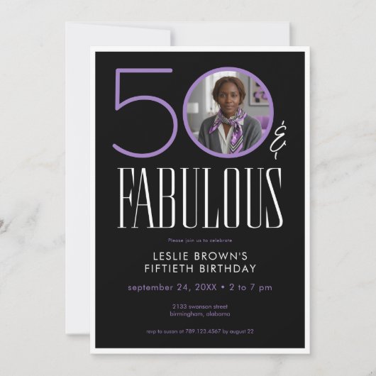 Modern Fifty Fabulous Purple White Photo Birthday Kaart (Voorkant)