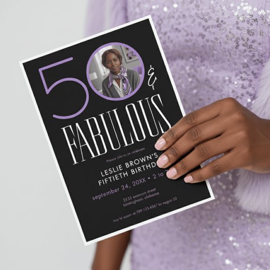 Modern Fifty Fabulous Purple White Photo Birthday Kaart